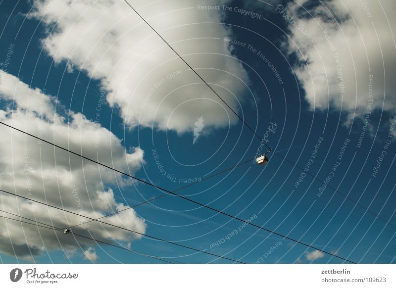 Potsdam Wolken Sommer Straßenbahn Öffentlicher Personennahverkehr weiß Oberleitung Spanndraht diagonal Dienstleistungsgewerbe Verkehrswege Himmel blau