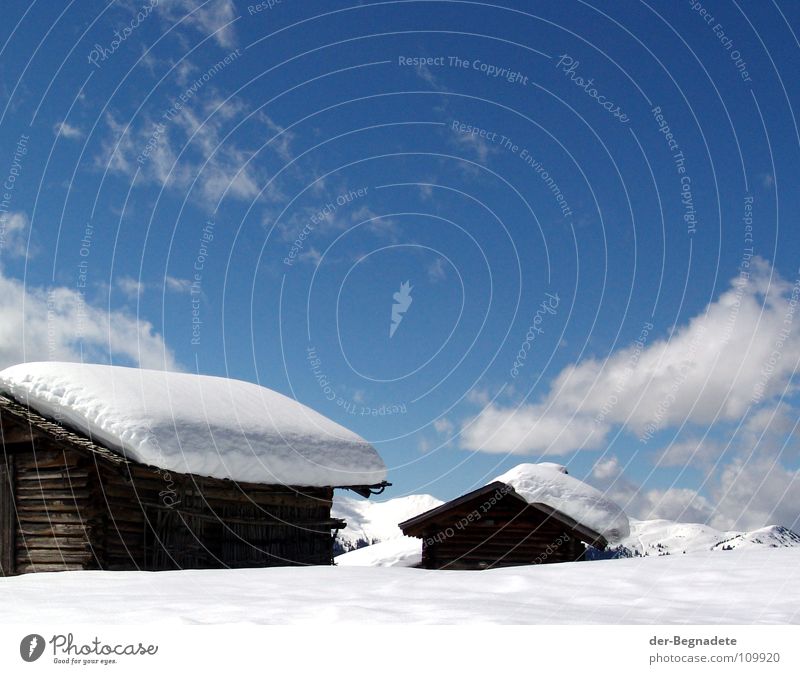 Bergidylle Winter Februar kalt Neuschnee Winterurlaub Schneewandern Kanton Graubünden Schweiz weiß Schneewehe Holzhütte Berghütte Dach braun Schönes Wetter