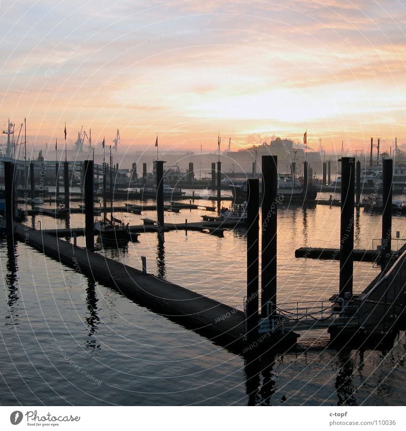 Landungsbrücken Sonnenuntergang Meer Anlegestelle Wasserfahrzeug Romantik Kran Nebel Hafen Hamburg Himmelskörper & Weltall Hafenmohle Musicaldome