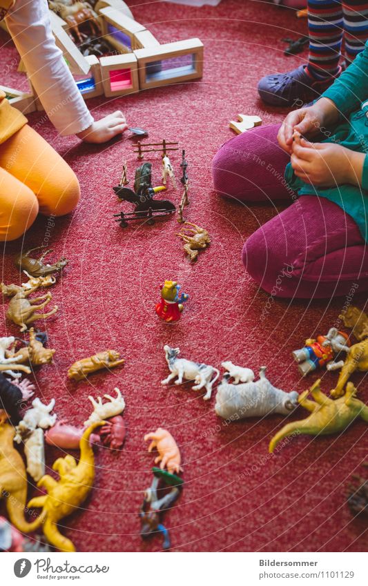 Freispiel Spielen Kindererziehung Kindergarten Mensch Geschwister Kindheit Kindergruppe 3-8 Jahre knien sitzen Spielzeug Spielzimmer Dinosaurier Figur Pädagogik