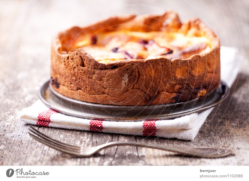 Käsekuchen auf Holz Lebensmittel Kuchen Dessert Gabel Tisch Natur Rost rot weiß Silbergabel rustikal Hintergrundbild Mahlzeit kochen & garen Backwaren Torte