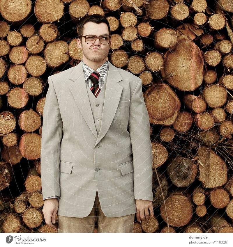 holz? Mann Kerl Anzug Jacke Weste grau braun Hose Krawatte gestreift Hand hell Diebstahl entwenden geizig fantastisch Brille Holzstapel Brennholz heizen Winter