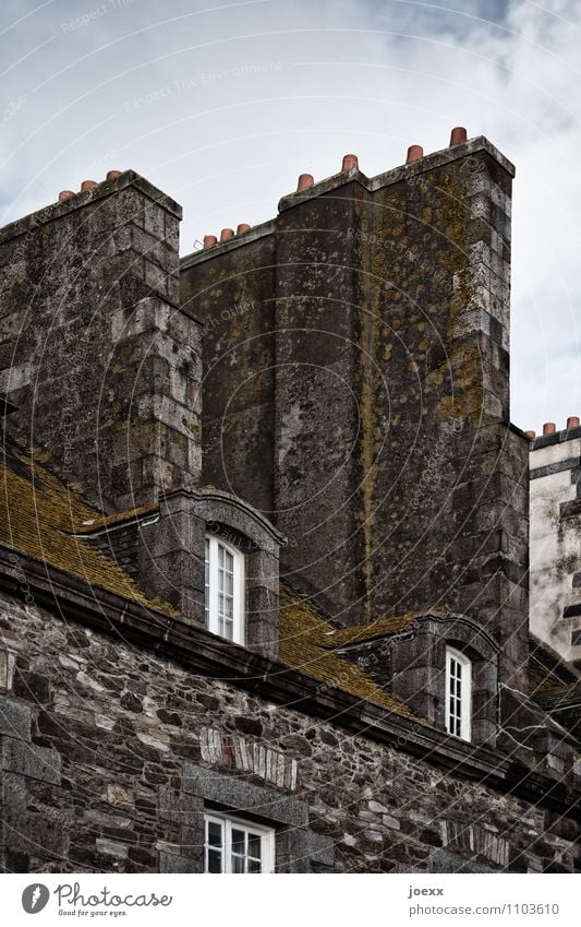 Heizperiode beendet Haus Mauer Wand Fenster alt hoch schön kalt Häusliches Leben Farbfoto Außenaufnahme Menschenleer Tag Schornstein Altbau massiv Moos