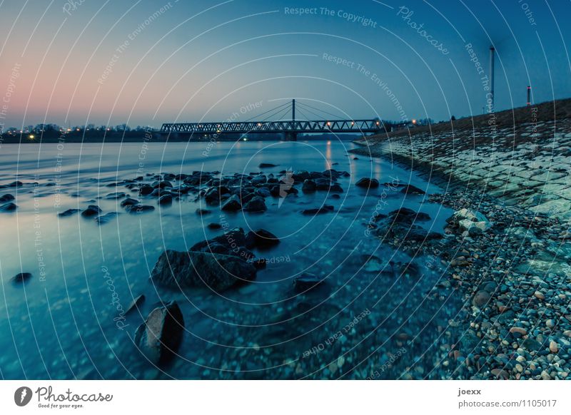 Andere Seite der Stadt Landschaft Schönes Wetter Fluss Rhein Brücke blau rosa schwarz ruhig Niedrigwasser Rheinbrücke Farbfoto Gedeckte Farben Außenaufnahme