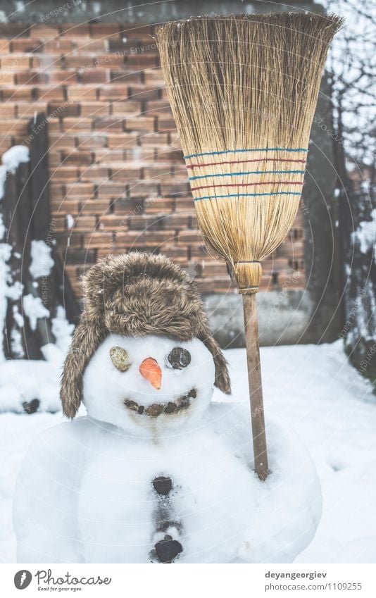 Schneemann im Hof Freude Glück Gesicht Spielen Winter Feste & Feiern Mann Erwachsene Schal Hut Lächeln authentisch weiß kalt Möhre Jahreszeiten Weihnachten Nase