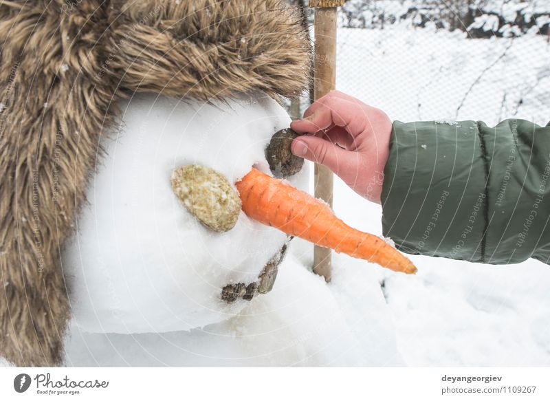 Schneemann im Hof Freude Glück Gesicht Spielen Winter Feste & Feiern Mann Erwachsene Schal Hut Lächeln authentisch weiß kalt Möhre Jahreszeiten Weihnachten Nase