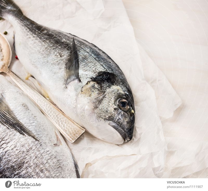 Dorado Fisch auf weißem Papier Lebensmittel Ernährung Mittagessen Festessen Bioprodukte Vegetarische Ernährung Diät Stil Design Gesunde Ernährung Tisch Küche