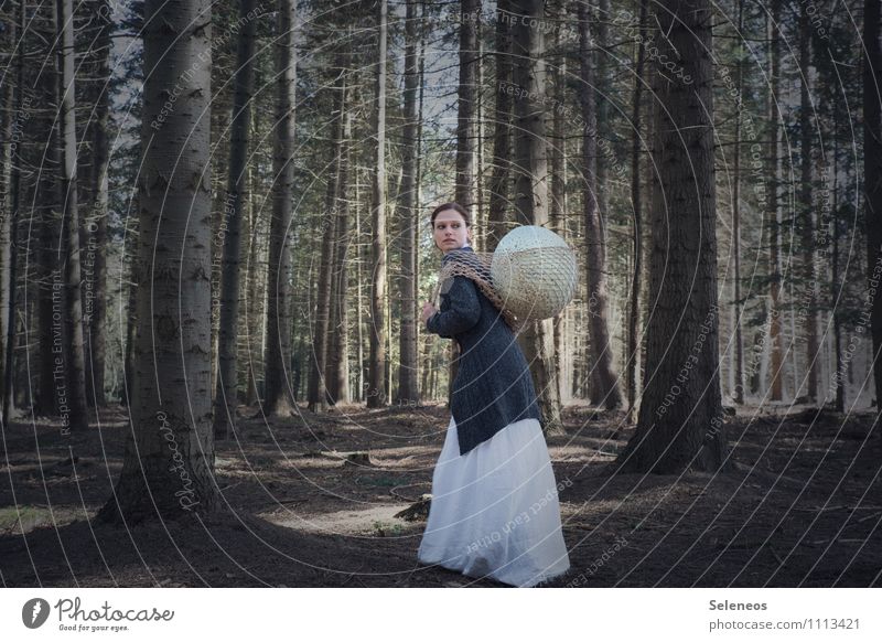 . Mensch feminin Frau Erwachsene 1 Umwelt Natur Frühling Schönes Wetter Baum Wald stehen tragen Farbfoto Außenaufnahme Ganzkörperaufnahme