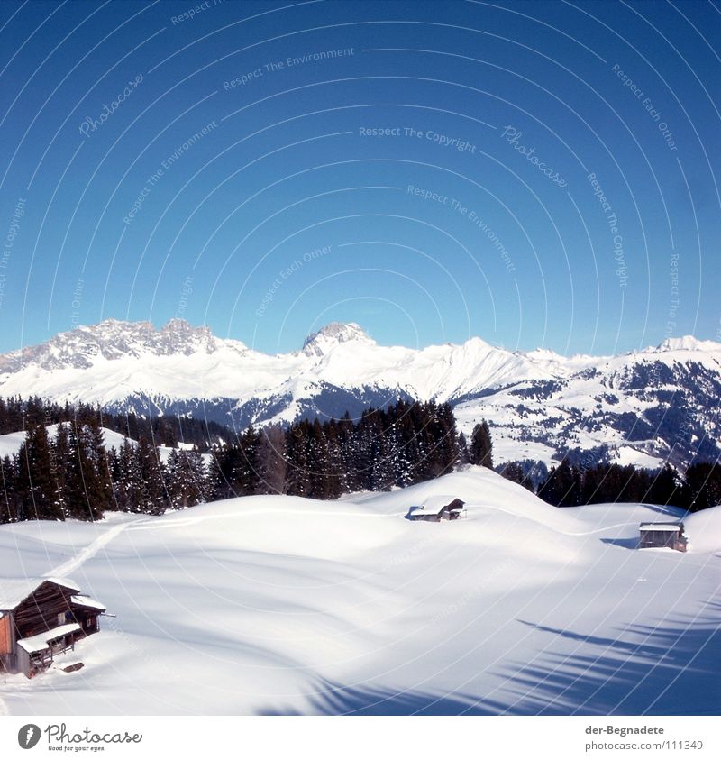 Bergidylle III Winter Februar kalt Neuschnee Winterurlaub Schneewandern Kanton Graubünden Schweiz weiß Schneewehe Holzhütte Berghütte Dach braun Schönes Wetter