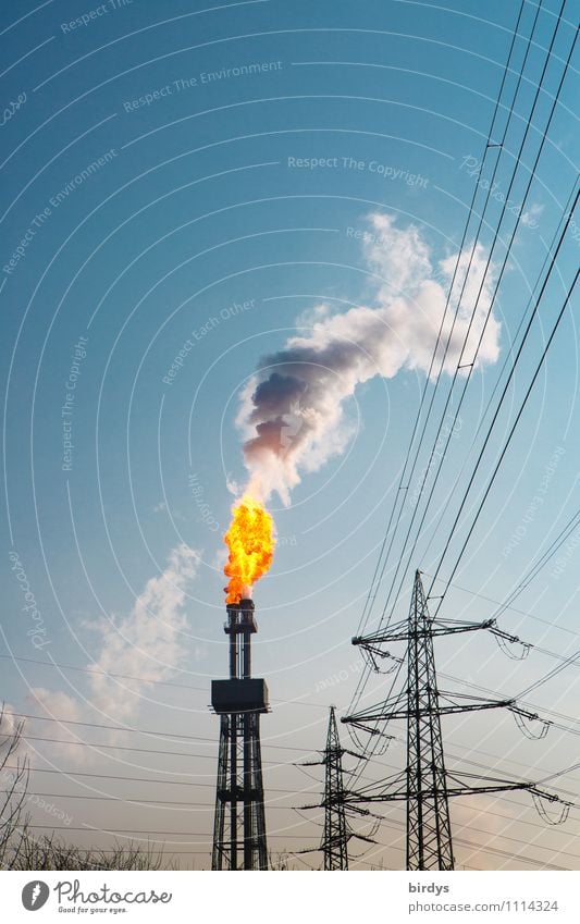 Störfall das erste Industrie Feuer Wolkenloser Himmel Schönes Wetter Industrieanlage Turm Schornstein Rauch authentisch bedrohlich gigantisch heiß hoch