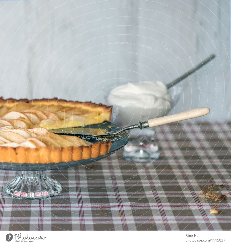 aber bitte mit Sahne Teigwaren Backwaren Kuchen Ernährung Geschirr authentisch lecker süß Apfelkuchen Tortenheber Schlagsahne Tischwäsche kariert Tortenplatte