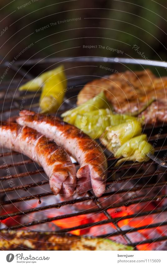 Bratwurst Lebensmittel Fleisch Wurstwaren Gemüse Abendessen Billig gut Rost Grillrost Peperoni Steak Grillen Glut Feuer Flamme Foodfotografie eingeschnitten