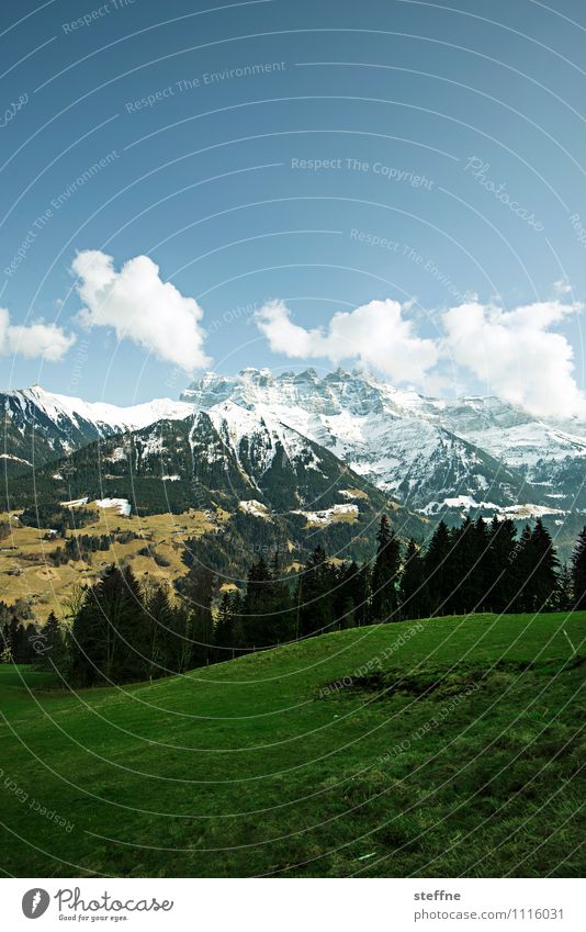 alpin Landschaft Himmel Wolken Frühling Winter Schönes Wetter Baum Wiese Wald Alpen Berge u. Gebirge Gipfel Schneebedeckte Gipfel Tourismus