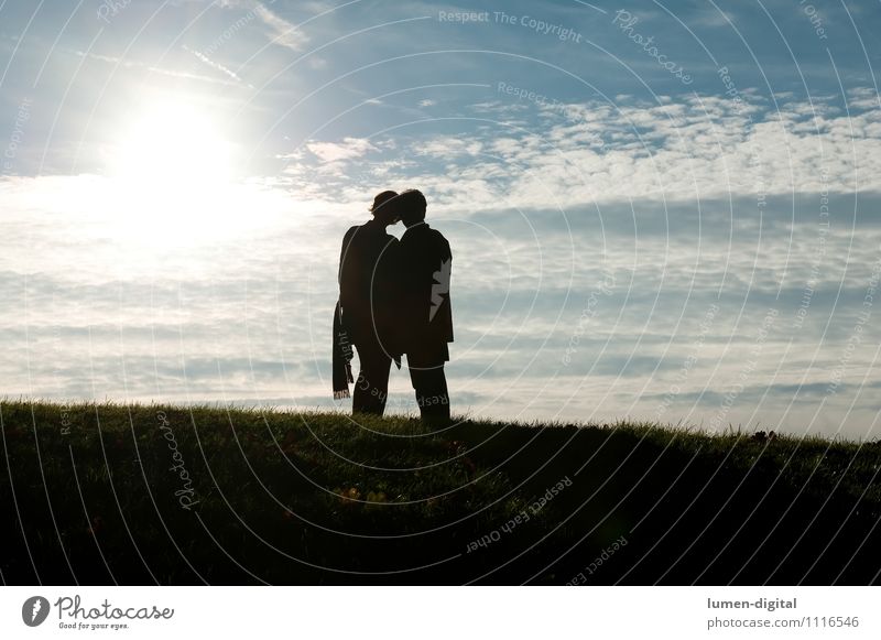 Paar im Gegenlicht Mensch maskulin feminin Natur Sonne Herz Liebe Zusammenhalt Gedeckte Farben Tag Licht Schatten Kontrast Silhouette Sonnenlicht Sonnenstrahlen