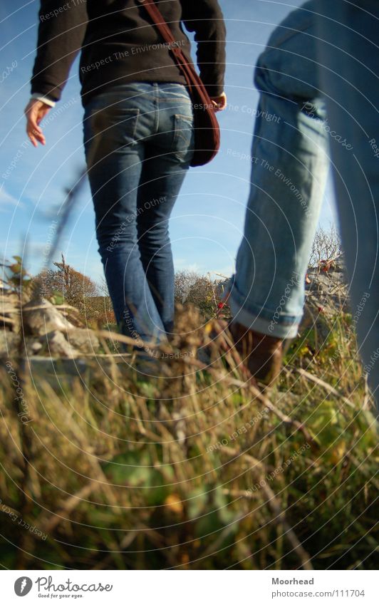 Querfeldein wandern Herbst Wiese Spaziergang über Stock und Stein Beine Jeanshose querfeldein 2 schreiten gehen Gras Detailaufnahme Außenaufnahme Gesäß