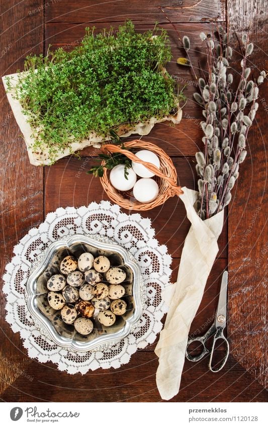 Osterzusammensetzung aus Eiern, Kresse und Kätzchen auf Holztisch Dekoration & Verzierung Tisch Ostern Schere Frühling Papier Metall natürlich braun grün