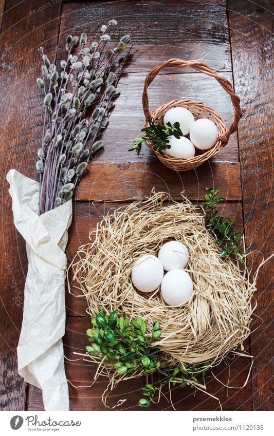 Osterzusammensetzung aus Eiern und Kätzchen auf Holztisch Dekoration & Verzierung Tisch Ostern Frühling Papier natürlich braun grün Tradition Buchsbaum offen