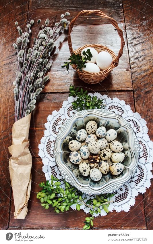 Osterzusammensetzung aus Eiern und Kätzchen auf Holztisch Dekoration & Verzierung Tisch Ostern Frühling Papier Metall natürlich braun grün Tradition Korb