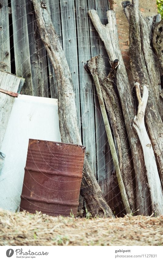 Am Wegesrand Ausflug Abenteuer Ferne Häusliches Leben Haus Garten alt wild blau braun rot Fass Rost Holz Baumstamm Schuppen Stapel Gedeckte Farben Außenaufnahme