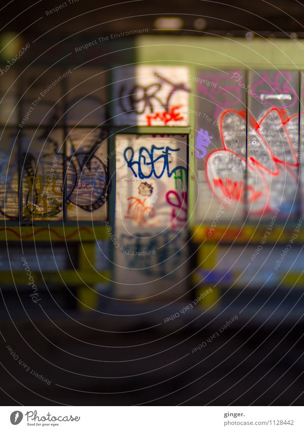 Ruinengraffiti Industrieanlage Fabrik Gebäude Mauer Wand Fassade dunkel trashig verrückt Graffiti mehrfarbig Fabrikhalle Unbewohnt Ausdruck Unschärfe Lensbaby