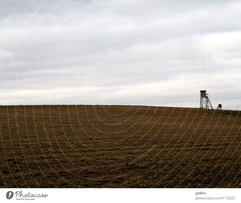 Turmendspiel Hochsitz Feld Wolken Duell Publikum beobachten Blick weiß braun Herbst ruhig Brandenburg einfach sehr wenige 2 Himmel blau Einsamkeit Körperhaltung