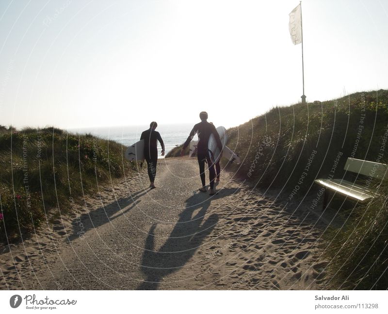 meersehn, schattenhaben Meer Strand Neopren Surfbrett Physik Sylt Fahne Paar Dünengras schweigen genießen Vorfreude Juli Juni Barfuß ruhig Möwe schön Gummi