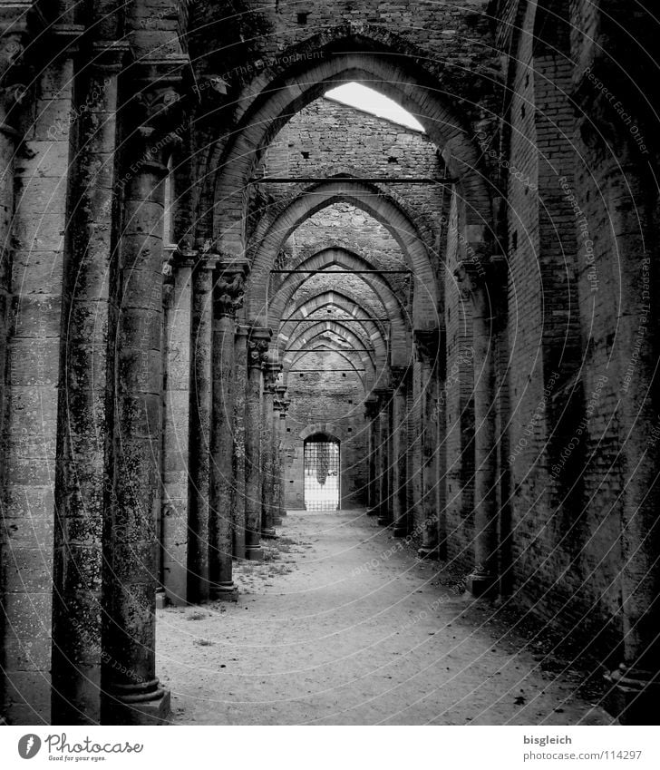 San Galgano (Italien) Schwarzweißfoto Innenaufnahme Menschenleer Tag Zentralperspektive ruhig Europa Kirche Ruine Mauer Wand Tür Sehenswürdigkeit Stein Respekt