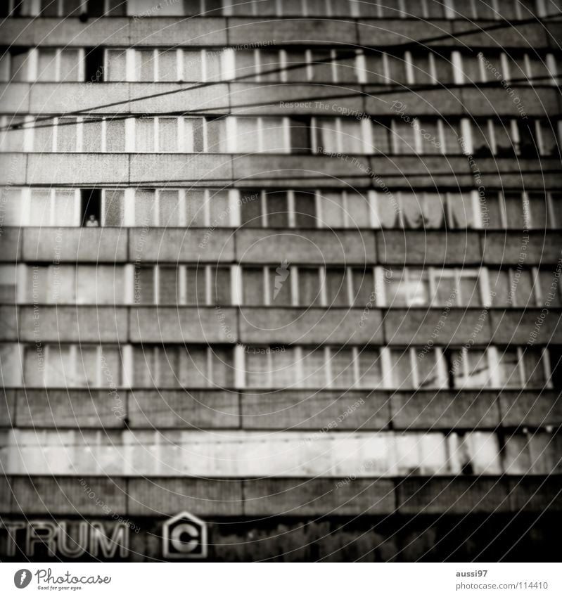 trum Stadt Fassade Magdeburg Mitte Oberleitung grau Beton Blühende Landschaften Verkehrswege Häusliches Leben Schwarzweißfoto DDR centrum Wiedervereinigung