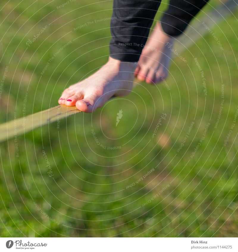 Slackline II 1 Mensch grün Beine Fuß Gleichgewicht schmal schwierig Zufriedenheit Konzentration Barfuß Wiese Sport Seil Seiltänzer trendy Turnen Sommer