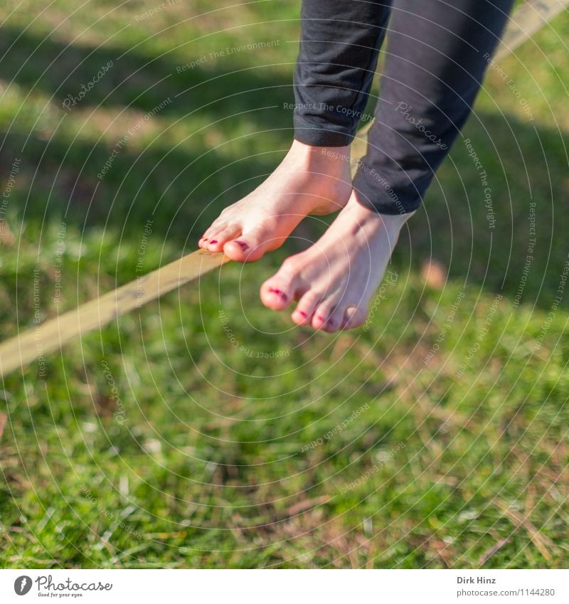 Slackline I Frau Erwachsene Beine Fuß 1 Mensch grün schwarz Gleichgewicht schmal schwierig Zufriedenheit Konzentration Barfuß Sport Bewegung Seil Seiltänzer