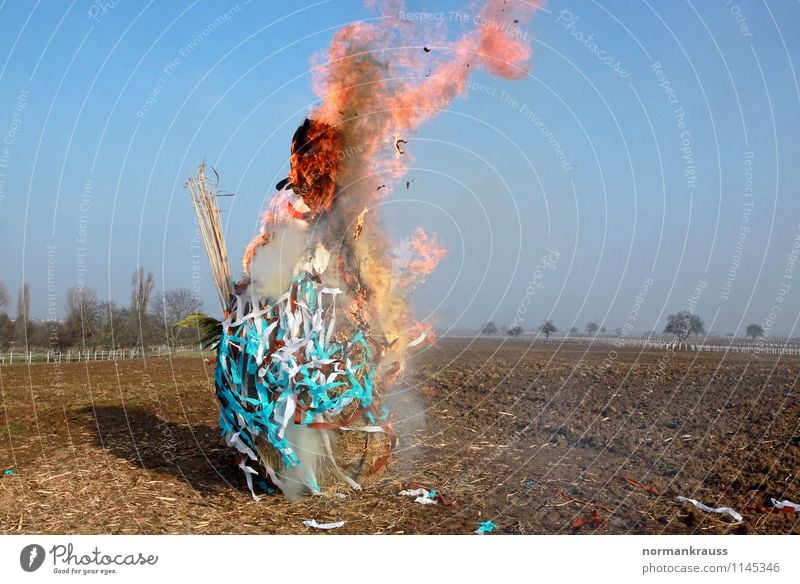 Winterverbrennung Feuer Puppe Rauchen heiß Kultur Tradition winterverbrennung Ritual Flamme Schneemann winterende Frühling lätare brennen Jahreszeiten Farbfoto