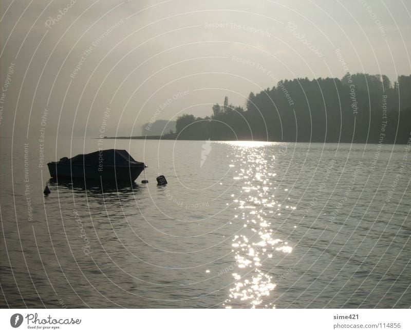 Herbststimmung Wasserfahrzeug See Schweiz Europa Jahreszeiten Außenaufnahme Greyerzersee Kleines Boot ruhige Stimmung Einsamkeit