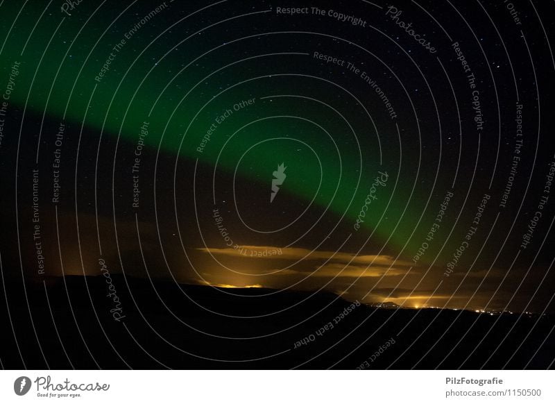 Aurora über Selfoss Himmel Wolken Nachthimmel Nordlicht Stadt Stadtrand außergewöhnlich grün orange Stadtlicht Polarlicht Hügel Haus Farbfoto Außenaufnahme