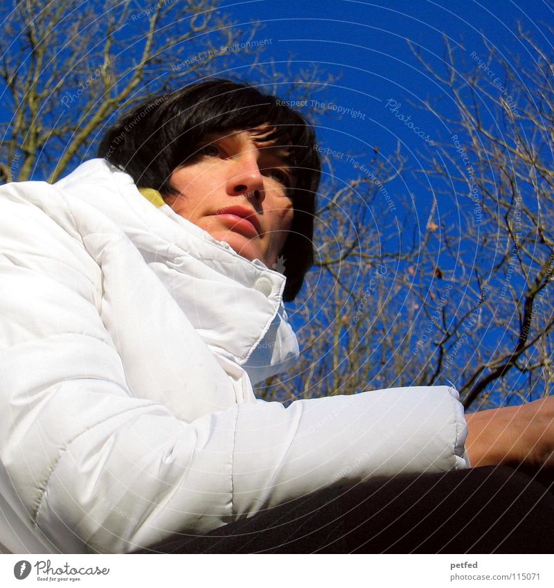 Wann kommt er? Winter Frau Jacke weiß schön Baum Sehnsucht Gefühle Physik kalt warten Mensch blau Himmel Wetter Wärme