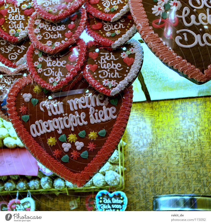 Herzilein Lebkuchen Popkorn süß Süßwaren Jahrmarkt Zucker Ernährung Küssen Lied Zuckerwatte Freude Kuchen Backwaren Oktoberfest Liebe liebe geht durch den magen