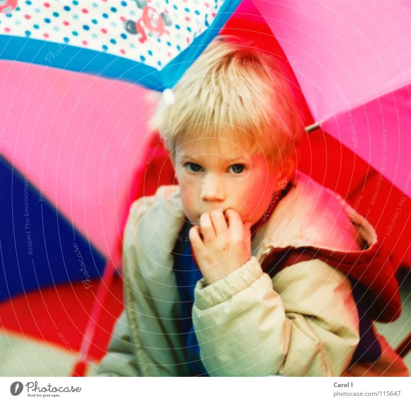 Schirmhütte Mädchen blond weiß Jacke Rehauge gelb niedlich süß klein Spielen Kind rosa Schüchternheit Finger Kapuze Denken Freude Kleinkind Fratz Blick sitzen