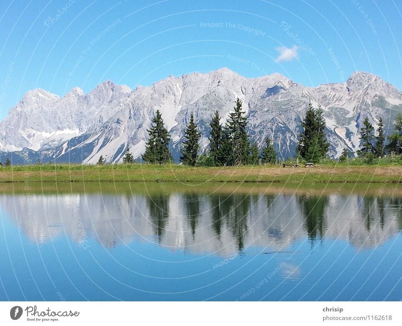 Dachstein I Umwelt Natur Landschaft Wasser Himmel Wolken Sonnenlicht Klima Wetter Schönes Wetter Baum Gras Felsen Alpen Berge u. Gebirge Gipfel Seeufer Teich