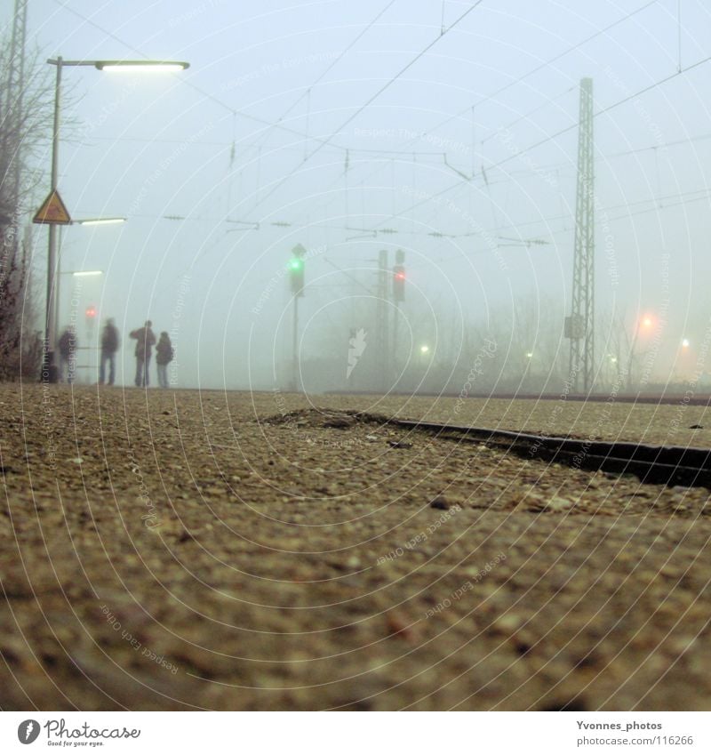 Pendleralltag II Eisenbahn Gleise Ausdauer Zeit Verspätung Streik Morgen Abend Dämmerung Licht Nebel S-Bahn Ferne Fernweh Sehnsucht Mensch Dach wettergeschützt