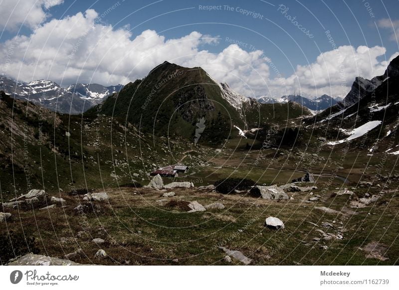 Weite Flur Umwelt Natur Landschaft Himmel Wolken Sommer Schönes Wetter Pflanze Baum Blume Gras Sträucher Felsen Alpen Berge u. Gebirge Gipfel