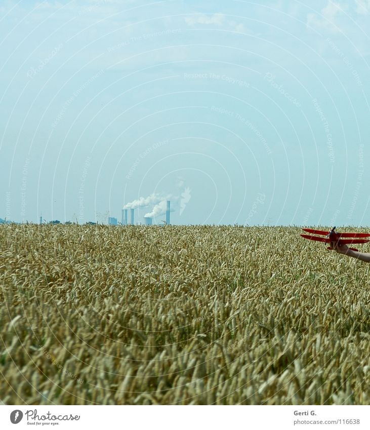 OFU Weizenfeld Blauer Himmel Horizont Modellflugzeug Schornstein Abgas Textfreiraum oben rauchend Sommer