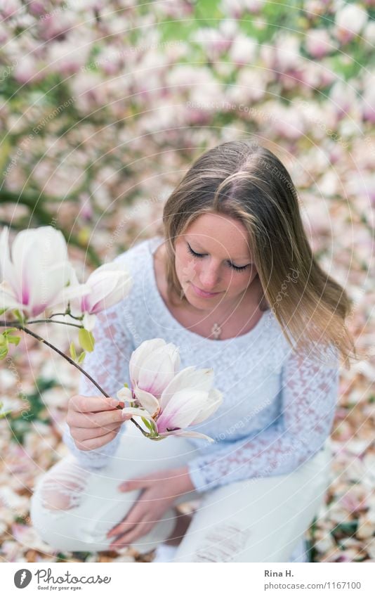 MagnolienMädchen Mensch Jugendliche 1 13-18 Jahre Kind Frühling Schönes Wetter Blüte Garten Park Wiese T-Shirt Jeanshose Haare & Frisuren blond langhaarig