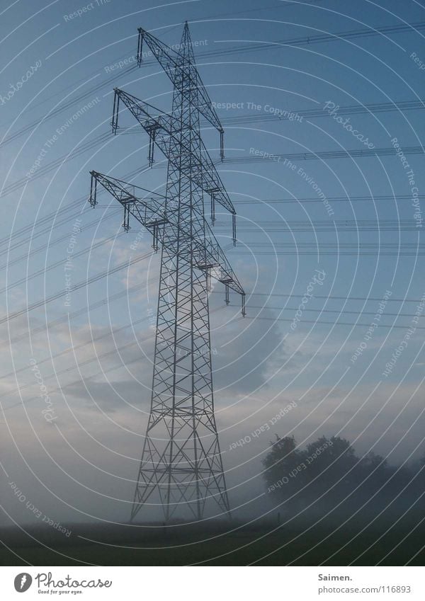 schlafender Riese Strommast groß Stahl Nebel Wolken zart leicht Baum Wäldchen deplatziert Macht Außenaufnahme Industrie verschlfen Himmel blau Kabel gigantisch