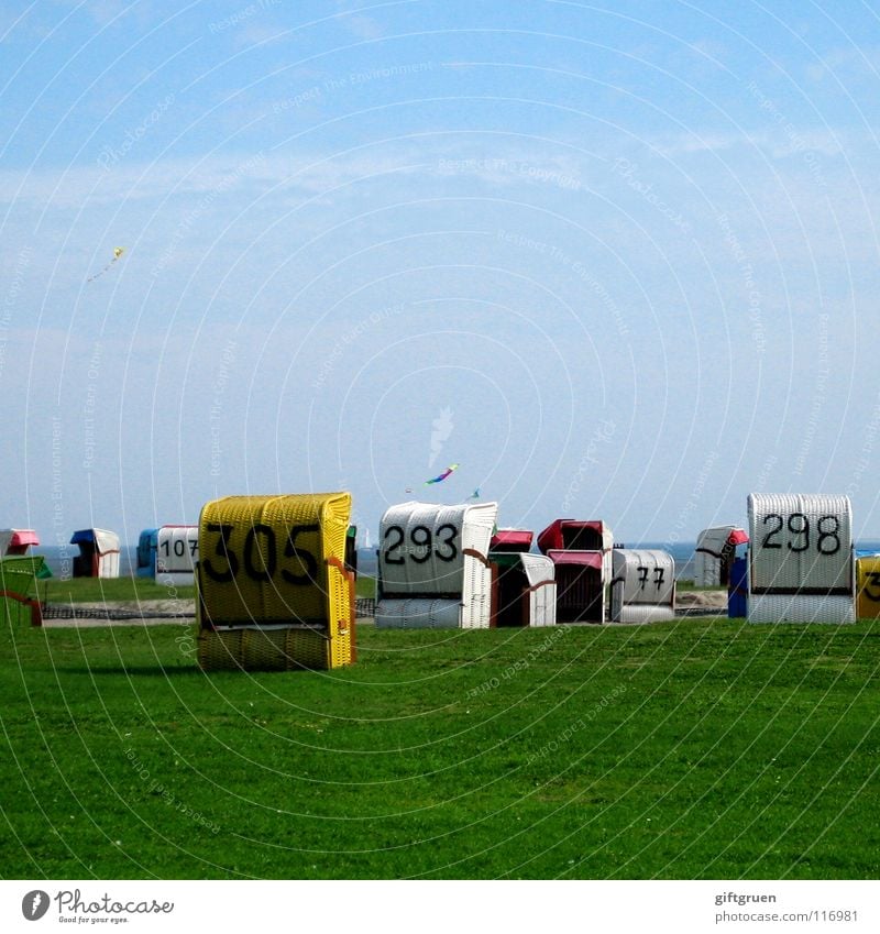 strandkorb-durcheinander Strandkorb Sommer Ferien & Urlaub & Reisen Gras Wiese mehrfarbig chaotisch Küste Himmel Nordsee Drache blau drunter und drüber