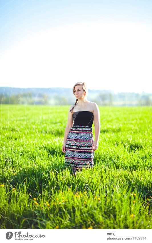 draussen feminin Junge Frau Jugendliche 1 Mensch 18-30 Jahre Erwachsene Sommer Schönes Wetter Wiese Mode Kleid schön einzigartig natürlich Farbfoto mehrfarbig