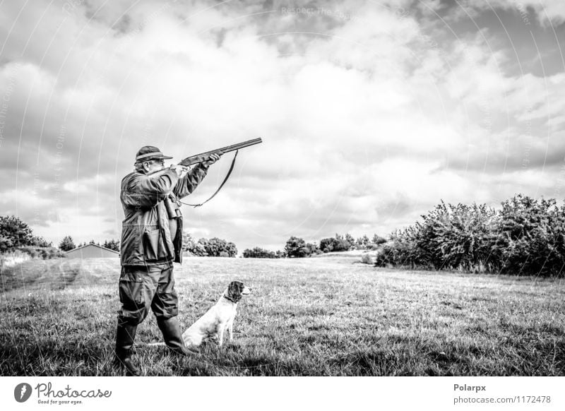 Jäger, der mit Gewehr zielt Freizeit & Hobby Spielen Jagd Sport Mensch Mann Erwachsene Natur Landschaft Herbst Wiese Jacke Hund wild Konzentration Aktion zielen