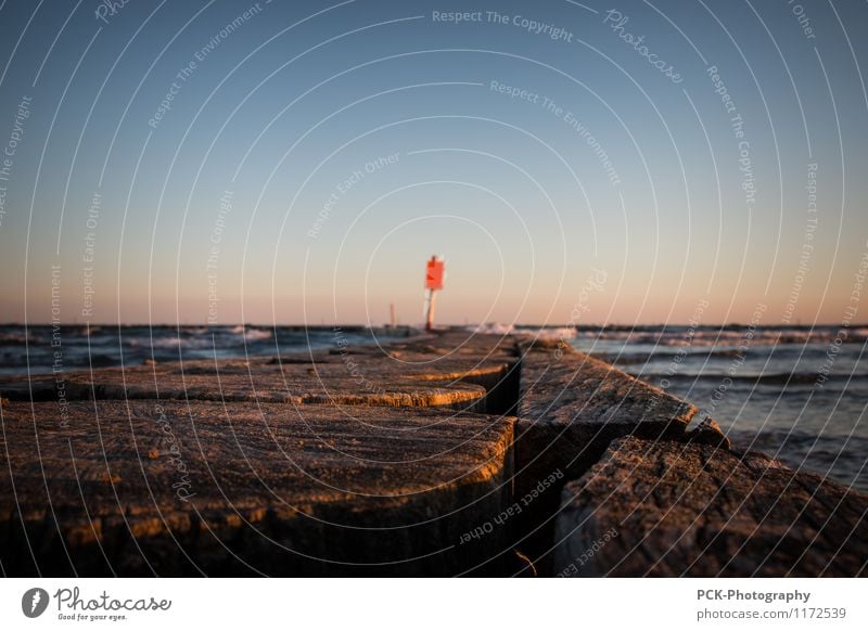 Rot am Horizont Wasser Wolkenloser Himmel Frühling Sommer Schönes Wetter Wellen Küste Strand Bucht Meer Holz Tourismus Ferien & Urlaub & Reisen Zukunft Steg