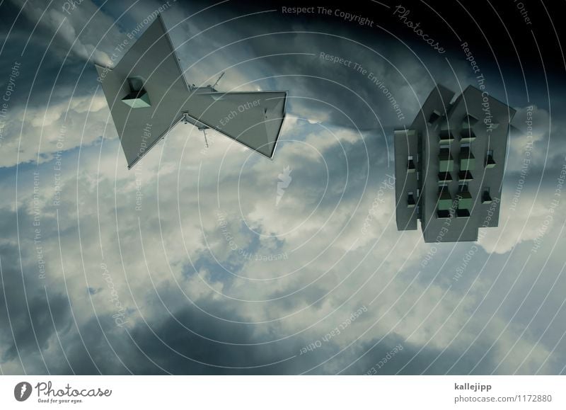 wings schlechtes Wetter Haus Hochhaus Mauer Wand Fassade Zukunft Raumfahrzeuge Weltraumstation Transporter Kunst Farbfoto Gedeckte Farben Außenaufnahme