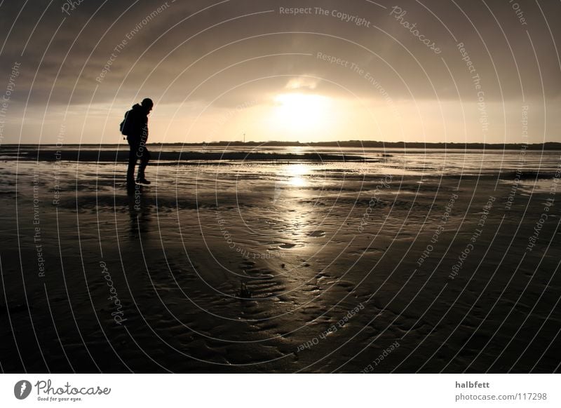 ganz allein Einsamkeit Strand Sonnenuntergang Meer Spiekeroog Wolken dunkel Küste Nordsee Insel Regen Wetter Sand Schatten Abend