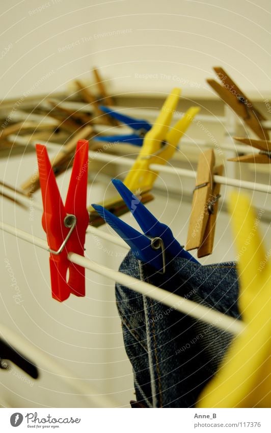 Klammergarten Hose Jeanshose hängen blau gelb rot Wäscheklammern Wäscheleine Kunststoff Haushalt einfach Unschärfe nah Farbe hell trocknen mehrfarbig Bekleidung