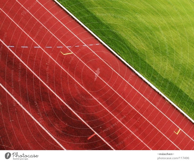 3...2...1...los! *peng* Wo sind denn alle hin? Rennbahn Stadion Leichtathletik rot grün weiß Spuren Kurvenlage 100 Meter Lauf Joggen Ausdauer Niederlage Prämie